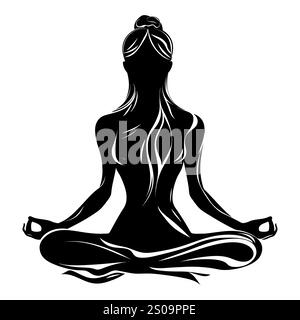 Weibliche Silhuette in Meditation. Friedliche Figur in Yoga-Lotuspose. Modernes und isoliertes Clipart auf transparentem Hintergrund. Stockfoto