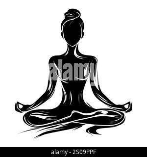 Weibliche Silhuette in Meditation. Friedliche Figur in Yoga-Lotuspose. Modernes und isoliertes Clipart auf transparentem Hintergrund. Stockfoto