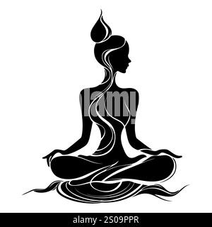 Weibliche Silhuette in Meditation. Friedliche Figur in Yoga-Lotuspose. Modernes und isoliertes Clipart auf transparentem Hintergrund. Stockfoto