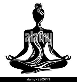 Weibliche Silhuette in Meditation. Friedliche Figur in Yoga-Lotuspose. Modernes und isoliertes Clipart auf transparentem Hintergrund. Stockfoto