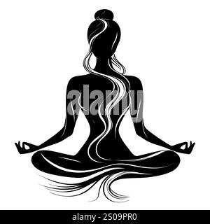 Weibliche Silhuette in Meditation. Friedliche Figur in Yoga-Lotuspose. Modernes und isoliertes Clipart auf transparentem Hintergrund. Stockfoto