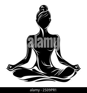 Weibliche Silhuette in Meditation. Friedliche Figur in Yoga-Lotuspose. Modernes und isoliertes Clipart auf transparentem Hintergrund. Stockfoto