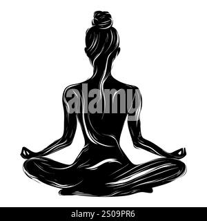 Weibliche Silhuette in Meditation. Friedliche Figur in Yoga-Lotuspose. Modernes und isoliertes Clipart auf transparentem Hintergrund. Stockfoto