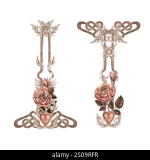 Elemente für einen Rahmen, Borte mit botanischen Rosen, Herz, in einer rosa-braunen Mokka-Mousse-Palette. Botanisches Aquarell Clipart für Hochzeit, valentinstag Stockfoto