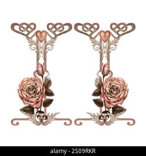 Elemente für einen Rahmen, Borte mit botanischen Rosen, Herz, in einer rosa-braunen Mokka-Mousse-Palette. Botanisches Aquarell Clipart für Hochzeit, valentinstag Stockfoto