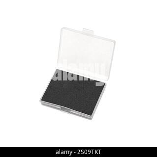 Eine kleine, transparente Kunststoffhülle mit schwarzem Schaumstoffeinsatz, die normalerweise zur Aufbewahrung kleiner Gegenstände wie Schmuck, Münzen oder elektronischer Komponenten verwendet wird Stockfoto