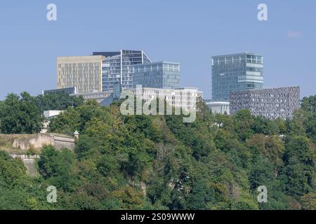 Luxemburg-Stadt - Blick auf das Kirchberg-Viertel mit vielen Bürotürmen auf einem Hügel mit vielen Bäumen vom Chemin de la Corniche aus. Stockfoto