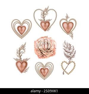 Set aus Aquarellen wunderschöne Dekorationen in Form eines korallenförmigen Herzens, eingerahmt von Perlen in einer rosa, braunen Mokka-Mousse-Palette. Handgezeichnetes botanisches c Stockfoto