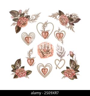 Set mit Aquarellsträußen aus Rosen und korallenförmigen Herzdekorationen, eingerahmt von Perlen in einer Mokakopalette in Rosa und Braun. Handgezeichnete Botanik Stockfoto