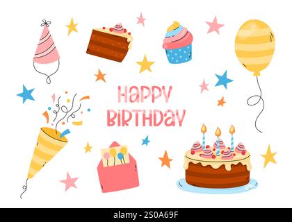 Glückwunsch zum Geburtstag. Vektorabbildung. Niedliche lustige Elemente. Lustiges flaches buntes handgezeichnetes Kindergeburtskarten-Design. Stock Vektor