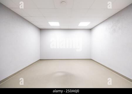 Ein leerer Raum mit weißen Wänden und beigefarbenem Boden. Die Decke verfügt über ein Gitter aus eingelassenen Beleuchtungspaneelen, die einen hellen, offenen Raum schaffen. Stockfoto