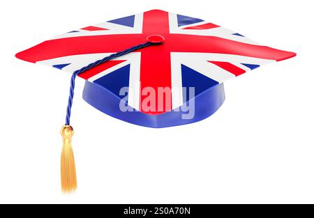 Graduierungsmütze mit britischer Flagge. Bildung in Großbritannien oder Erlernen der englischen Sprache, Konzept. 3D-Rendering isoliert auf weißem Hintergrund Stockfoto