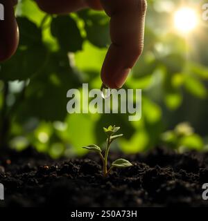 Anbau von Kulturpflanzen auf fruchtbarem Boden und Bewässerung von Pflanzen, einschließlich der Darstellung von Stadien des Pflanzenwachstums, Anbaukonzepte und Investitionen für Landwirte. Stockfoto