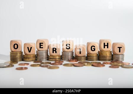 Brieftext-OVERSIGHT auf blauem Hintergrund. Motivational Words Zitate Konzept. Kopierbereich, Banner mit Blick von oben flache Lay saisonaler Verkauf, Einzelhandel, Einkaufsmöglichkeiten Stockfoto