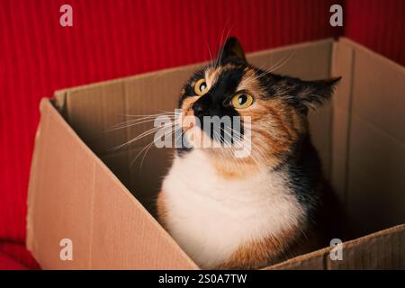 Mit rotem Hintergrund sitzt eine Calico-Katze kuschelig in einem Karton. Das dreifarbige Fell in weiß, Schwarz und Orange verleiht der Szene Charakter. Eine Mutter Stockfoto