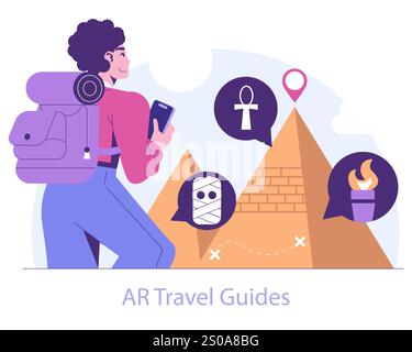 Immersives Reality-Konzept. Reisende nutzen AR-Technologie, um Wahrzeichen zu erkunden und die Reise mit virtuellen Reiseleitern zu verbessern. Vektorabbildung. Stock Vektor