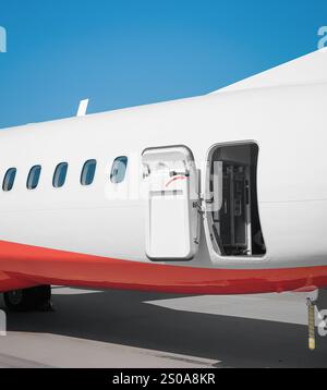 Verlassen Sie das Flugzeug am Ende des Passagierflugzeugs. Nahaufnahme der hinteren Seitenansicht des weißen Flugzeugs, das im Flughafen geparkt ist. Stockfoto