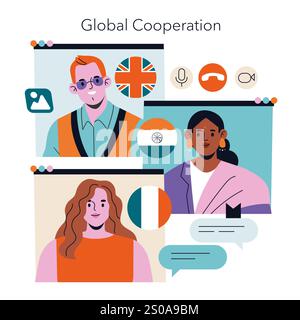 Konzept der globalen Zusammenarbeit. Vielfältiges Team, das virtuell für internationale Zusammenarbeit zusammenarbeitet. Kultureller Austausch und Teamarbeit über Grenzen hinweg. Vektorabbildung. Stock Vektor