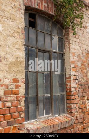 Nahaufnahme eines alten verwitterten Holzfensters mit Glasbruch in einer alten roten Backsteinmauer umgeben von kriechenden Pflanzen Stockfoto