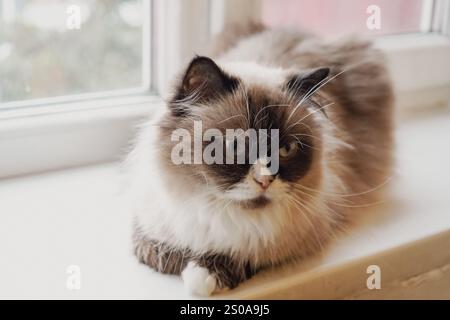 Eine schöne Katze mit auffälligen zweifarbigen Augen und flauschigem Fell starrt neugierig. Die Mischung aus dunklem und hellem Pelz unterstreicht seinen einzigartigen Charme. Es ist weich Stockfoto