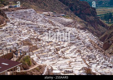 Maras Salt Flats liegen in der Nähe der Villa von Maras in der Region Cusco, bekannt als Heiliges Tal, Peru Stockfoto
