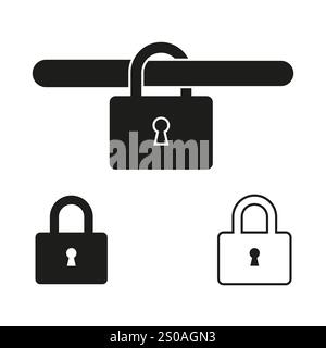 Vektorsymbole für das Vorhängeschloss. Offene und geschlossene Konstruktionen. Schwarzweißsymbole. Einfache grafische Formen. Stock Vektor