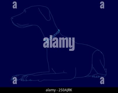 Der Hund liegt auf blauem Hintergrund. Der Hund trägt ein Halsband. Der Hund legt sich entspannt hin Stock Vektor