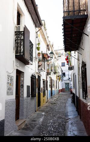 Eine enge Straße mit schmiedeeisernen Balkonen und hängenden Blumentöpfen im Albaicin-Viertel Granada, Andalusien, Spanien. Stockfoto
