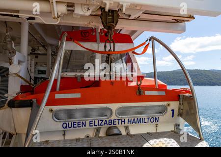 Queen Elizabeth Kreuzfahrtschiff mit Rettungsboot auf Steuerbordseite, Schiff fährt australische Gewässer Stockfoto