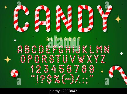 Zuckerrohr-Schriftart, Weihnachtslutscher-Schriftart, Weihnachtskaramell-Schriftart, Weihnachtssüßes Alphabet mit Zahlen und Symbolen. Vektor festliche süße gestreifte Buchstaben, Zahlen und Schilder wecken Neujahrsfreude Stock Vektor