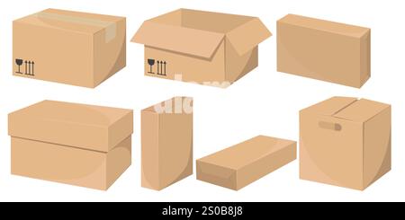 Vektorrealistische Illustrationen von Versandkartons aus Karton mit Schwerpunkt auf Front- und Seitenansichten von handwerklichen Paketen. Stock Vektor