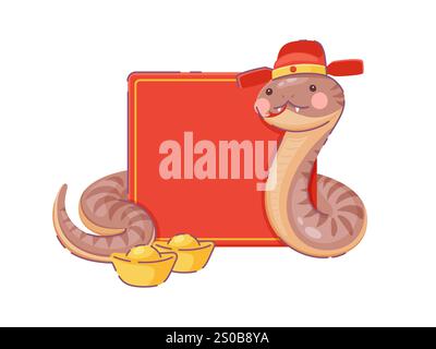 Fröhliche Zeichentrickschlange mit traditionellem festlichem chinesischen Hut mit leerem rotem Banner oder roter Schriftrolle und goldenem Sychee, die Reichtum und Wohlstand für das Mondneujahr oder die kulturellen Feierlichkeiten 2025 symbolisiert Stock Vektor