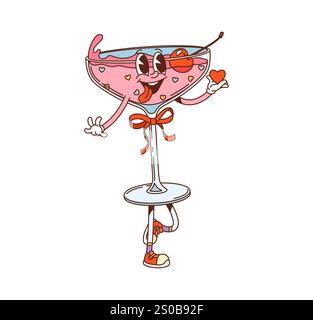 Cartoon groovige Valentinstag Glas Figur in Liebe. Retro-Cocktail-Persönlichkeit in Vektor-Pink mit festlicher Schleife und Kirsche, trendigen Sneakern und Herz in der Hand. Süßes Getränk verströmt Hippie-Vibes Stock Vektor