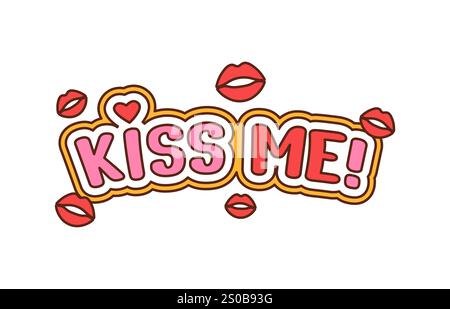 Kiss Me Cartoon groovige Typografie, valentinstag-Text in rosa und roten Farben mit Herz und verstreuten Küssspuren. Vektorverspielter und lebendiger Satz für Valentinstag, Liebe oder Flirty, lustige Retro-Themen Stock Vektor