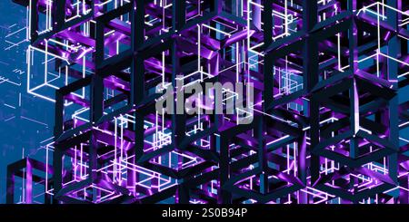 Futuristische 3D-Cube-Struktur mit violetten Lichtern 3D-Hintergrund Stockfoto