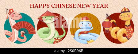 Lustige Schlangen auf chinesischem Neujahrsfest, Vektorbanner. Glücklicher chinesischer Neujahrsgruß mit Schlangen im Hanfu-Kostüm und Hut mit Papierlaterne, goldenem Ingot-Sycee und Fan für den Urlaub Stock Vektor