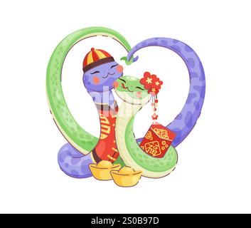 Asiatische Schlangenpaare in traditioneller chinesischer Kleidung, die mit ihrem Schwanz eine Herzform bilden. Vektor-Reptilientiere mit roten Umschlägen, Goldbarren und festlichen Accessoires Stock Vektor