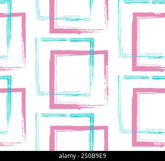 Nahtloses Muster mit Pinselstrichen im Grunge-Stil. Sich wiederholende quadratische Grunge-Formen in Pink, Petrol und weiß. Perfekt für Textildesign, Stock Vektor
