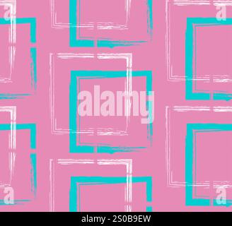 Nahtloses Muster mit Pinselstrichen im Grunge-Stil. Sich wiederholende quadratische Grunge-Formen in Pink, Petrol und weiß. Perfekt für Textildesign, Stock Vektor