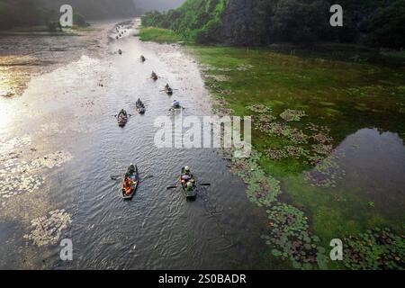 Luftdrohne, die von der Landschaft von Ninh Binh mit riesigen Kalksteinklippen und Fluss umgeben von grünen Feldern zu traditionellem Holz schwenkt Stockfoto