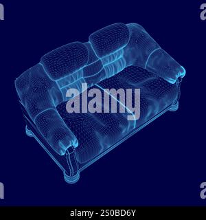 Blaue Couch mit blauem Hintergrund. Die Couch ist ein 3D-Bild eines Sofas. Die Liege besteht aus blauem Material und hat ein blaues Kissen Stock Vektor
