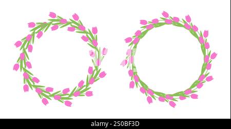 Tulpenkranz mit Blättern. Runde Rahmen aus rosa Tulpen, Designelement für Frühlingsdekor, Urlaub, Pflanzenwelt, Flora. Valentinstag, Muttertag, Hallo Frühling. Vektorabbildung Stock Vektor