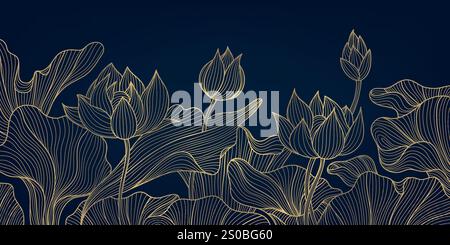 Vektorlinie goldene Lotusblüten Hintergrund, florale Luxus-Natur-Illustration. Asiatische botanische Zeichnung, orientalische Grafik. Stock Vektor