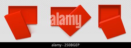 Drei rote rechteckige und quadratische Kästen aus der oberen Perspektive mit verschiedenen Deckeloptionen. Leeres Verpackungsmodell für offene Behälter. Klare, minimalistische Design-Präsentation und Branding-Layout. Stock Vektor