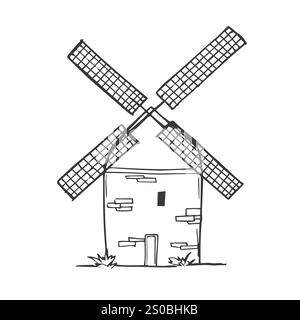 Windmühle. Handgezeichneter Vintage-Sketch-Vektor Stock Vektor