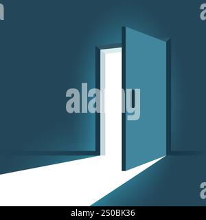 Öffnen Sie die Tür mit dem Lichtsymbol in flachem Stil. Dunkelraum-Vektorillustration auf isoliertem Hintergrund. Tür Eingang Schild Business Concept. Stock Vektor