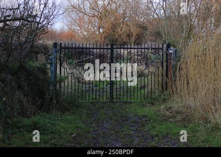 Wildgrounds Nature Reserve, Gosport. 19. Dezember 2024. Ein verschlossenes, doppeltes schwarzes Eisentor auf einem breiten Waldweg mit herbstlicher Atmosphäre. Stockfoto
