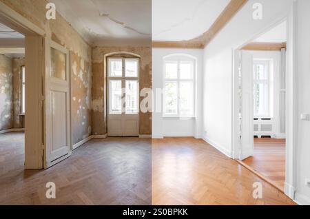 Zimmer vor der Renovierung, leeres, flaches Interieur im alten Gebäude Stockfoto