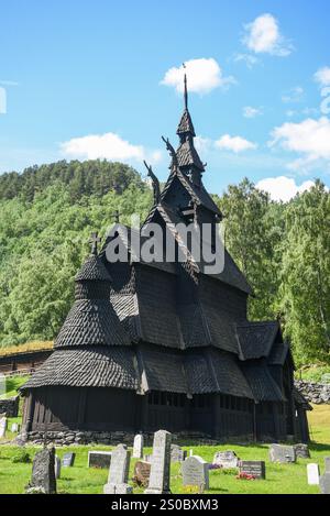 Schwarze Stabkirche Borgund Holzkirche in Norwegen, Borgund stavkirke Stockfoto