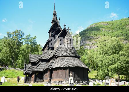 Schwarze Stabkirche Borgund Holzkirche in Norwegen, Borgund stavkirke Stockfoto